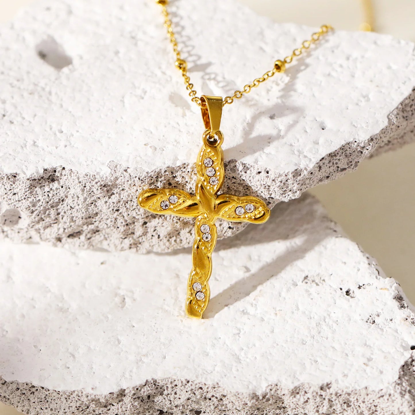 CHAMONIX Gold: Dainty Beaded Chain Necklace with a Zirconia Embedded Textured Cross Pandent