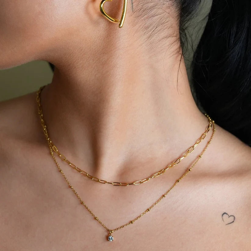 KATERI - Pre-Layered Chains Necklace with a Solitaire Zirconia Charm Pendant