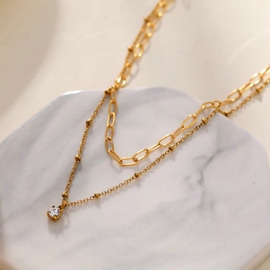 KATERI - Pre-Layered Chains Necklace with a Solitaire Zirconia Charm Pendant