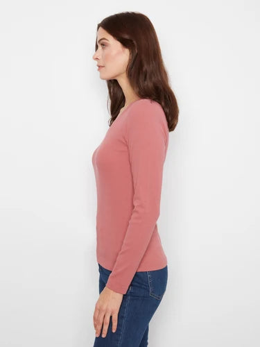 Cotton Blend Ribbed Long Sleeve V-Neck Top - Rosebud