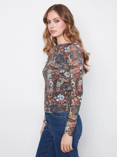 Printed Mesh Boat Neck Top - Azalea