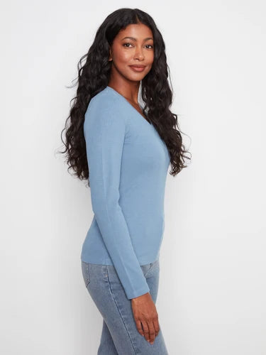 Cotton Blend Ribbed Long Sleeve V-Neck Top - Storm