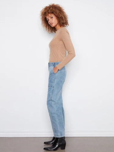 Cropped Barrel Leg Jeans - Denim Blue