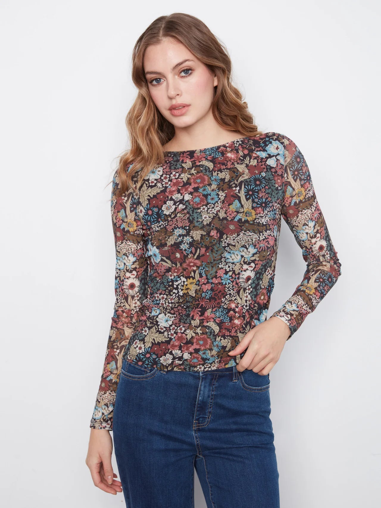 Printed Mesh Boat Neck Top - Azalea