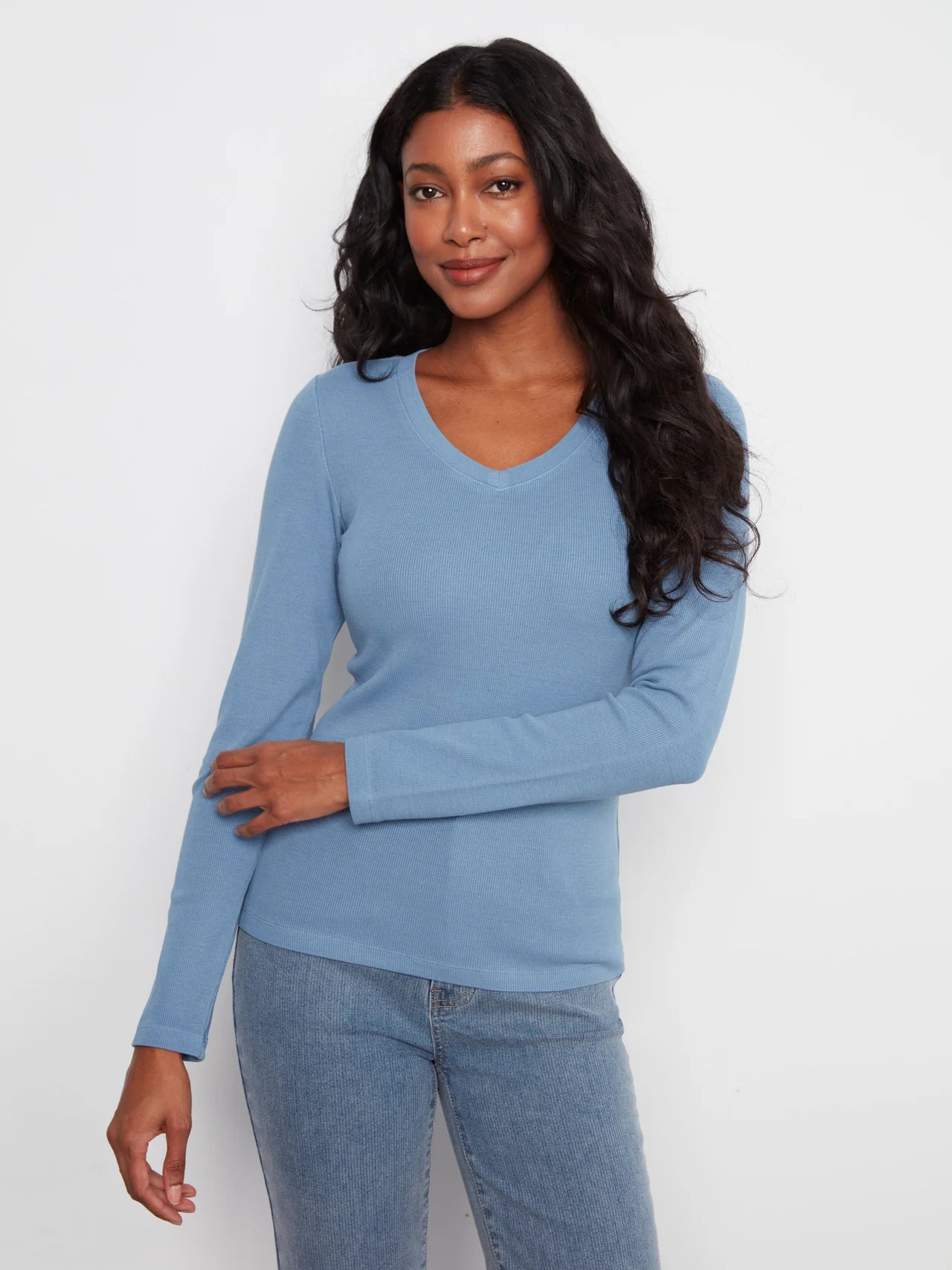 Cotton Blend Ribbed Long Sleeve V-Neck Top - Storm