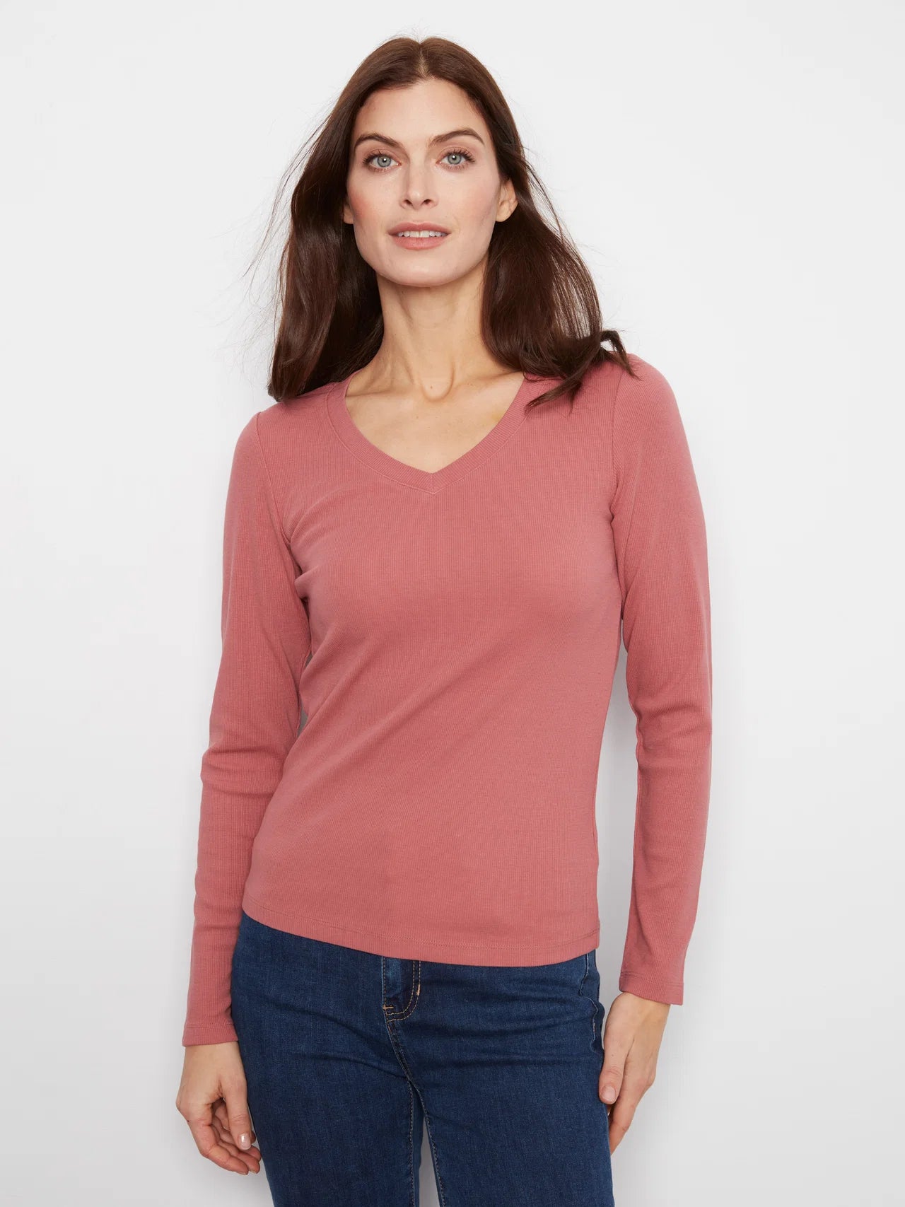 Cotton Blend Ribbed Long Sleeve V-Neck Top - Rosebud