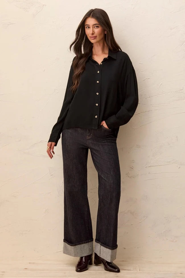 Soft Viscose Drop Shoulder Button Front Collared Blouse