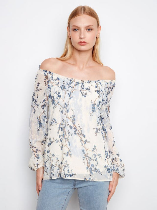 Printed eyelet balloon sleeve off shoulder blouse