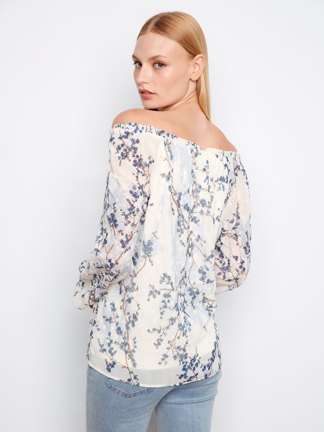 Printed eyelet balloon sleeve off shoulder blouse