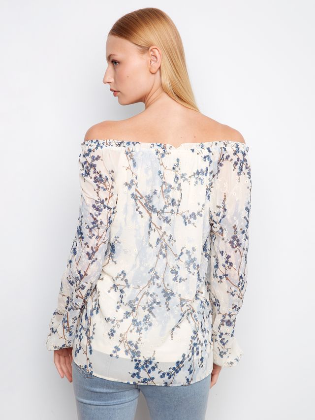 Printed eyelet balloon sleeve off shoulder blouse