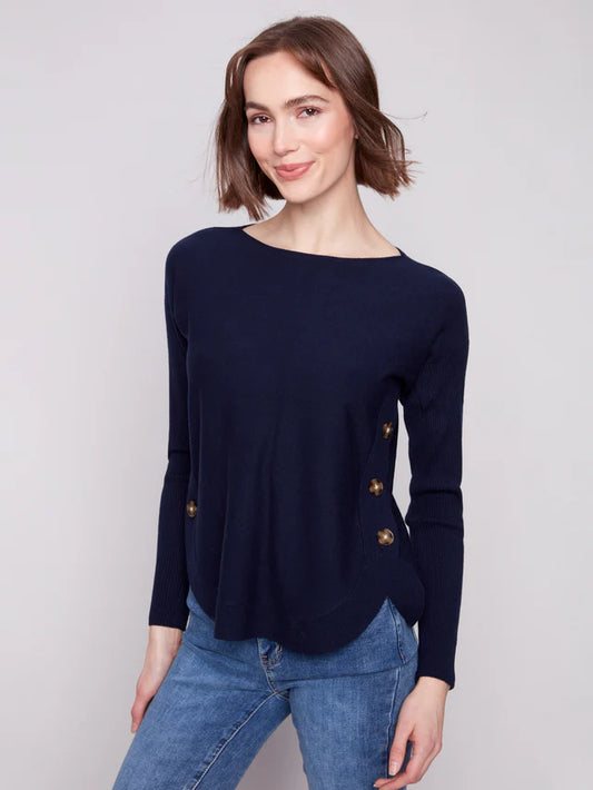 Charlie B-Boat Neck Sweater With Side Buttons - Navy