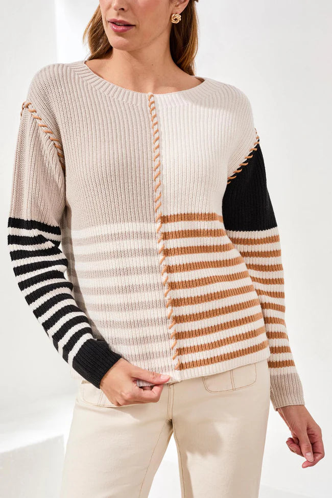 Multi Stripe Textured Boat Neck Sweater