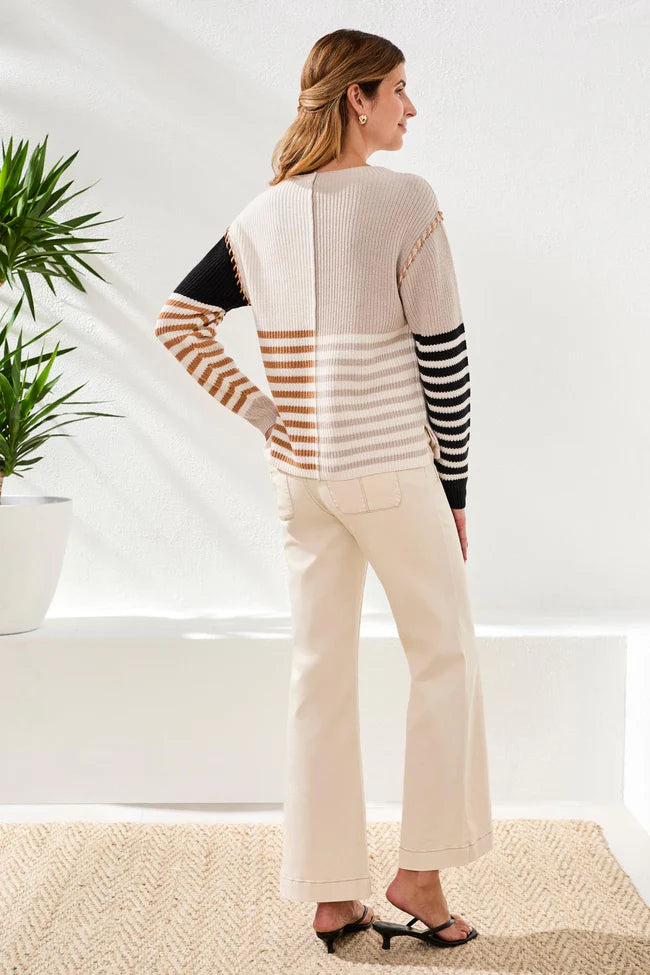 Multi Stripe Textured Boat Neck Sweater