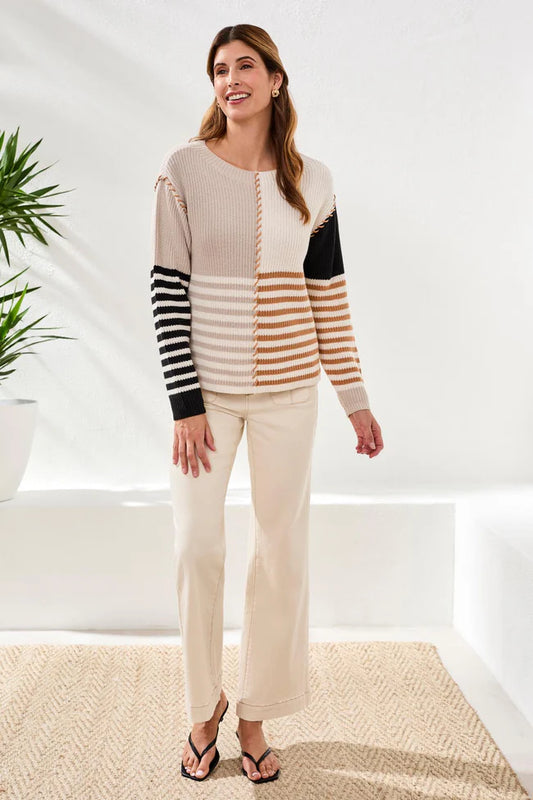 Multi Stripe Textured Boat Neck Sweater