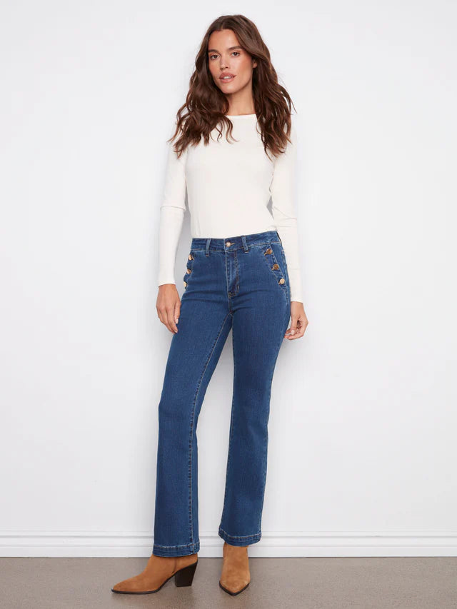 Charlie B-Flare Leg Stretch Jeans With Buttons - Indigo