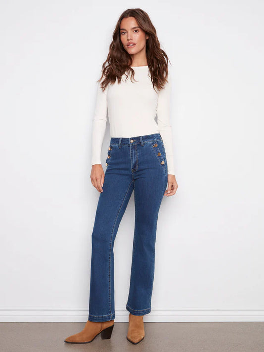 Charlie B-Flare Leg Stretch Jeans With Buttons - Indigo