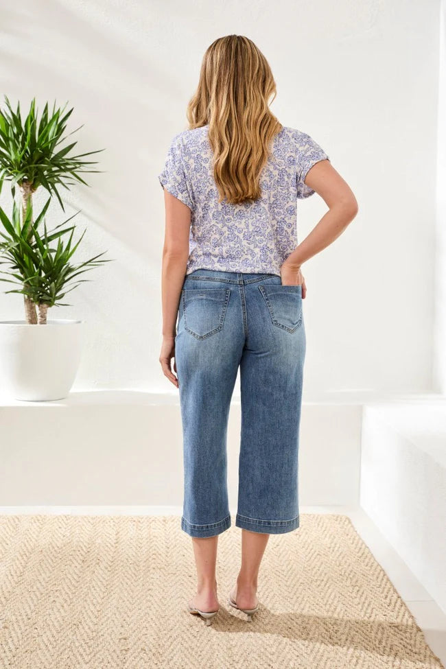 Audrey Button Fly Wide Crop Denim Jeans