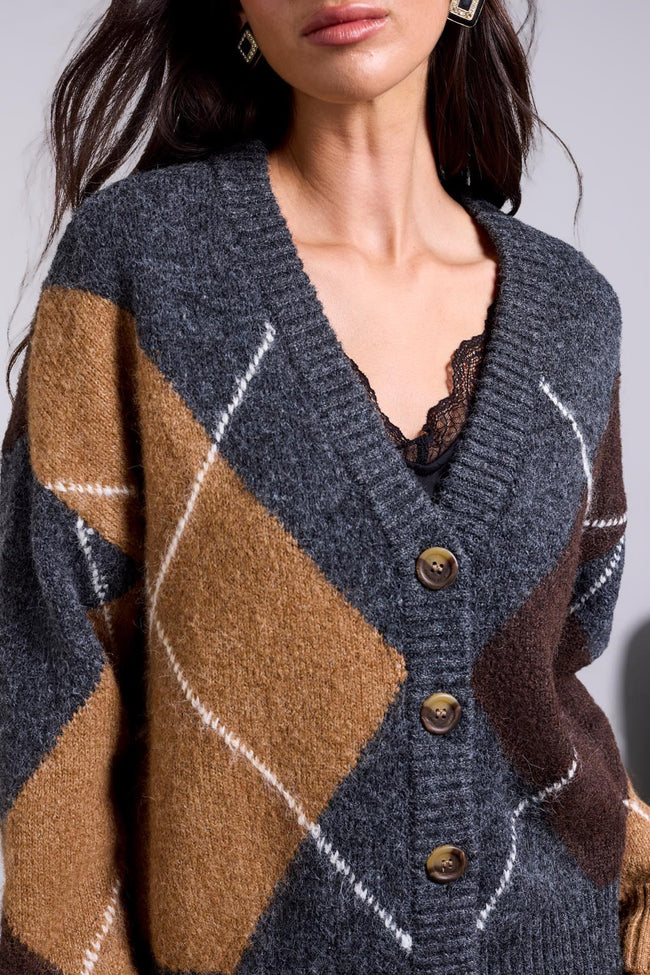 Diamond Pattern Button Front Knit Cardigan