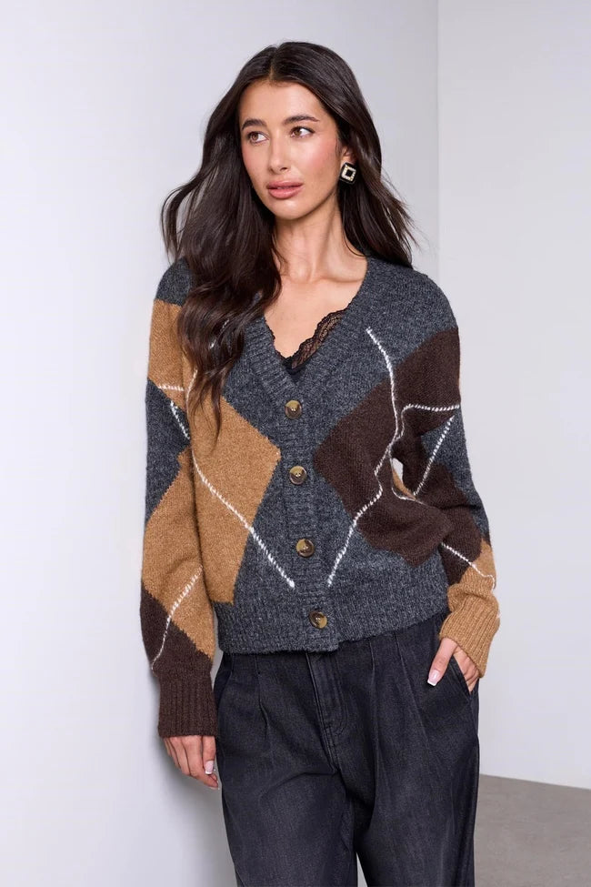 Diamond Pattern Button Front Knit Cardigan
