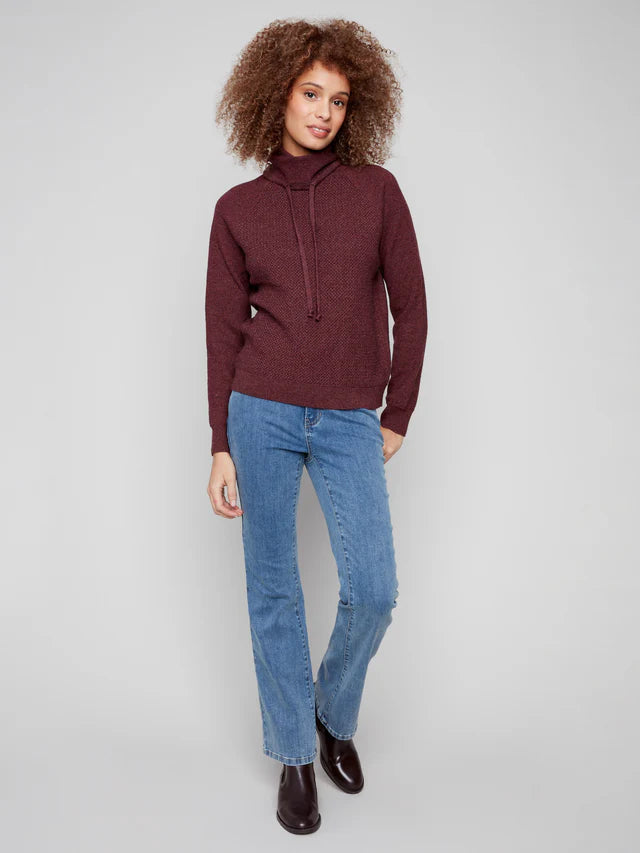 Charlie B - Textured Cowl Neck Knit Sweater - Heather Cabernet