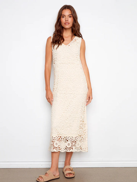 Sleeveless V-Neck Lined Crochet Dress