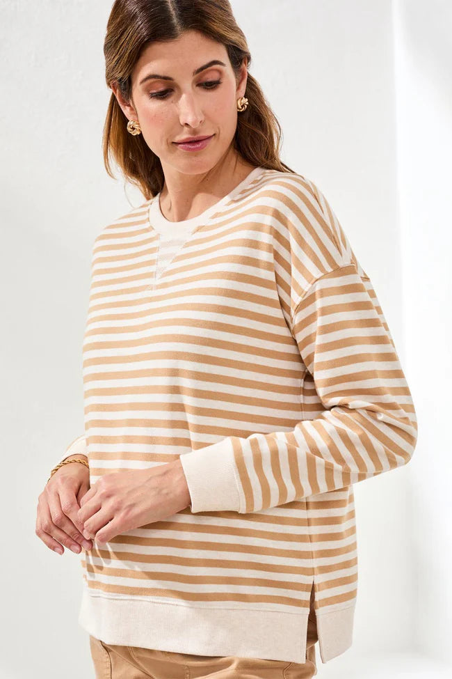 Cotton Crewneck Drop‑Shoulder Long Sleeve Top with Combo Trim
