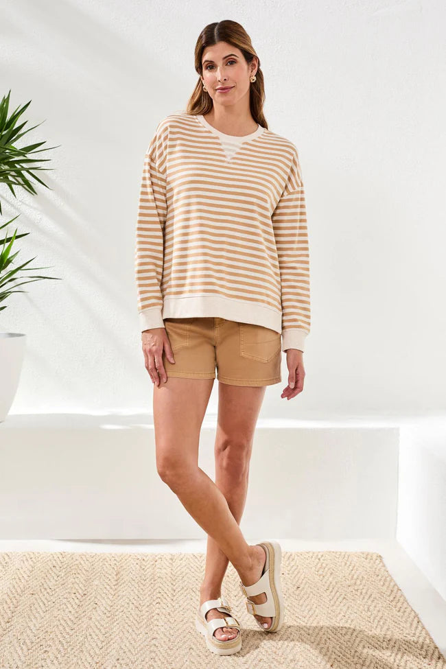 Cotton Crewneck Drop‑Shoulder Long Sleeve Top with Combo Trim