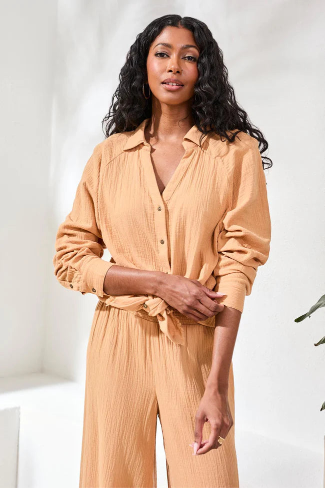Crinkle Gauze Button-Front Tie Blouse