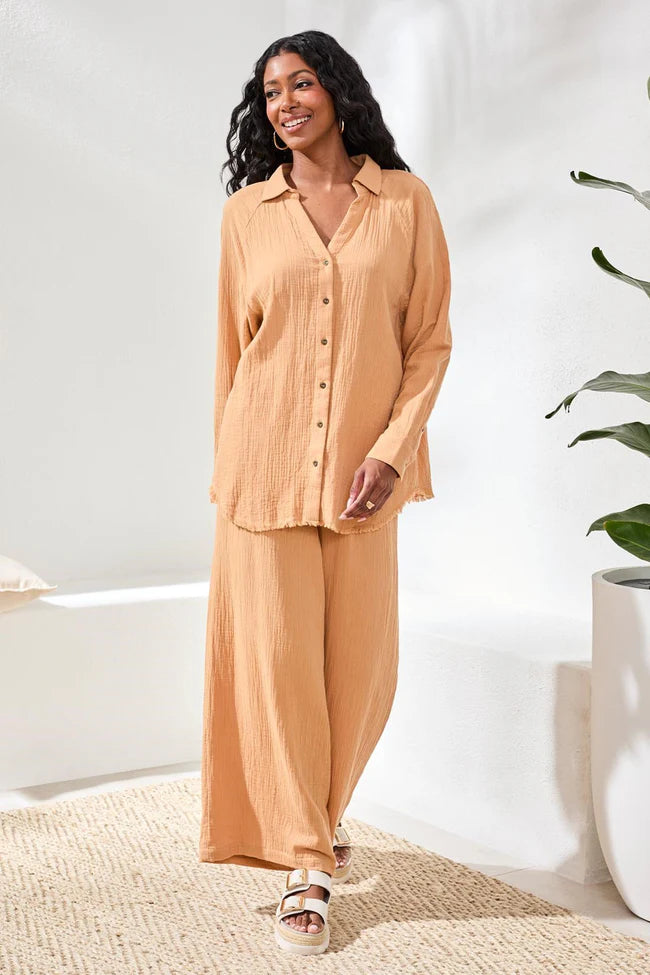 Crinkle Gauze Button-Front Tie Blouse