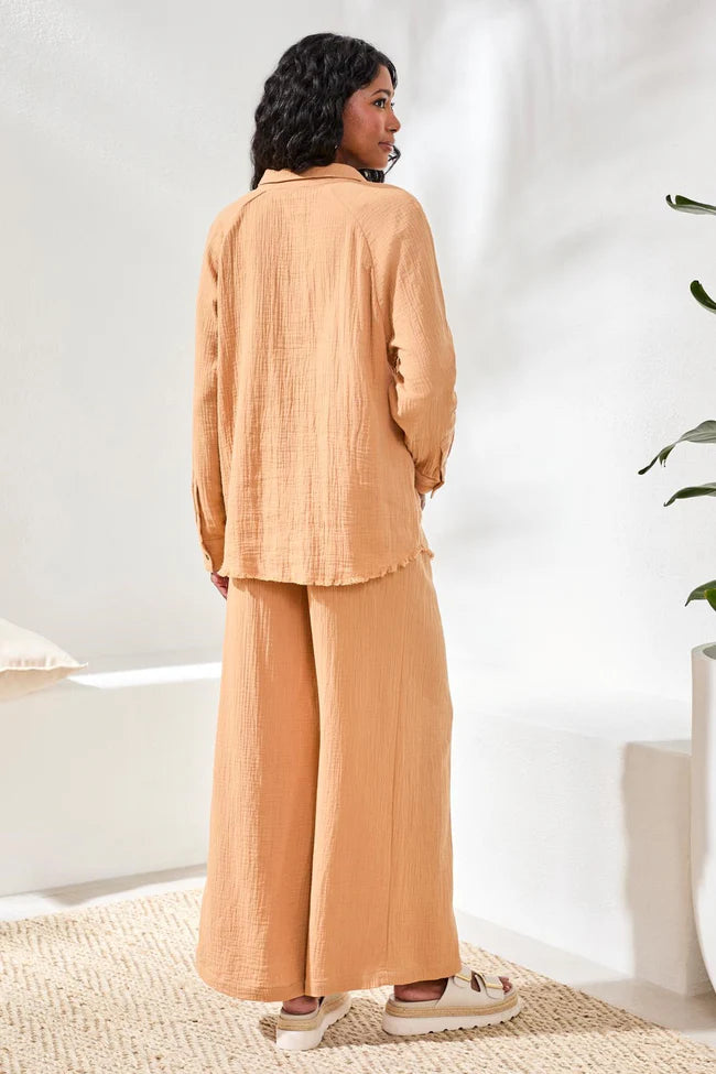 Crinkle Gauze Button-Front Tie Blouse