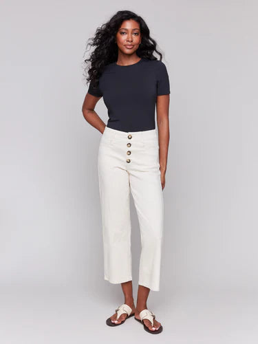 Front Button-Fly Crop Twill Pants - Natural