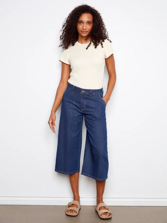 Cropped Stretch Denim Palazzo Pants