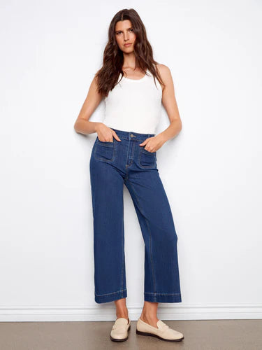 Cropped Patch Pocket Flare Jeans - Indigo