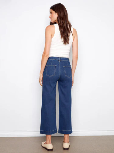 Cropped Patch Pocket Flare Jeans - Indigo