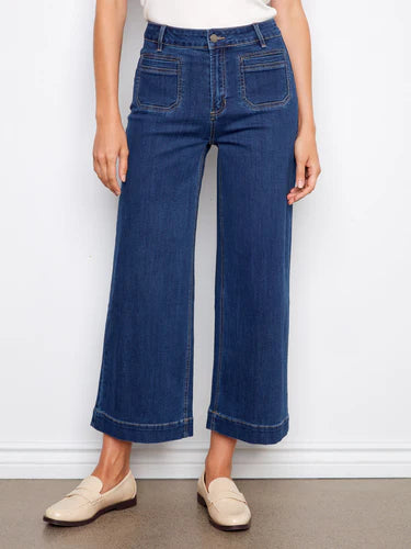 Cropped Patch Pocket Flare Jeans - Indigo