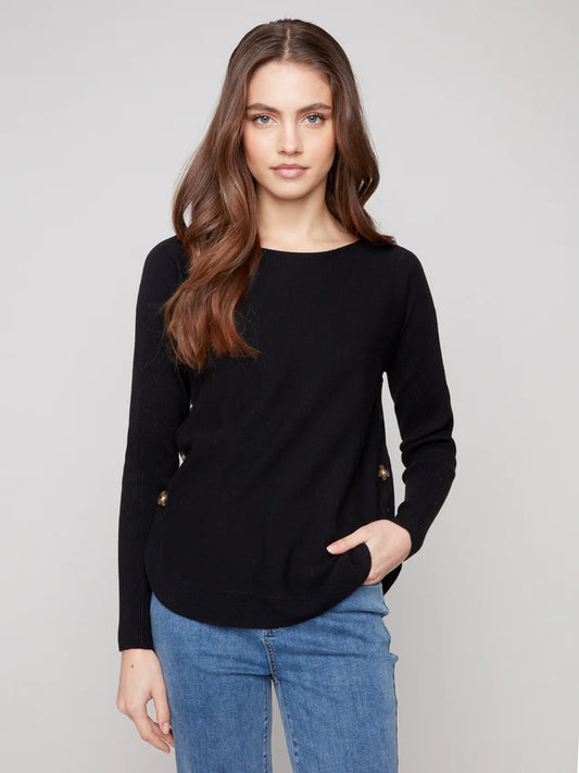 Charlie B - Boat Neck Sweater With Side Buttons - Black