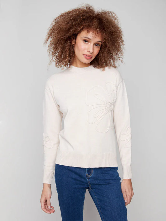 Charlie B - Crew Neck Floral Soutache Sweater - Heather Oat