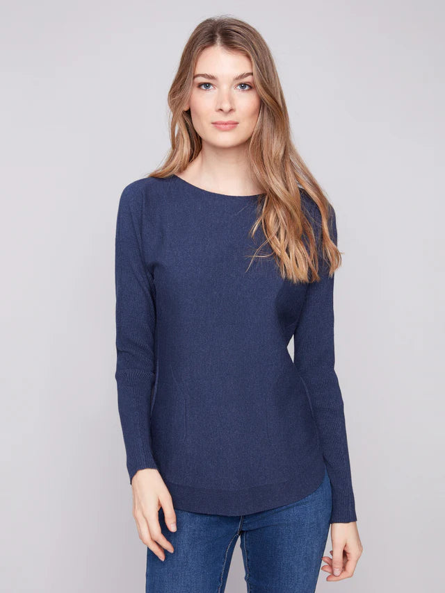 Charlie B -Knit Sweater With Back Lace-Up Detail - Heather Denim