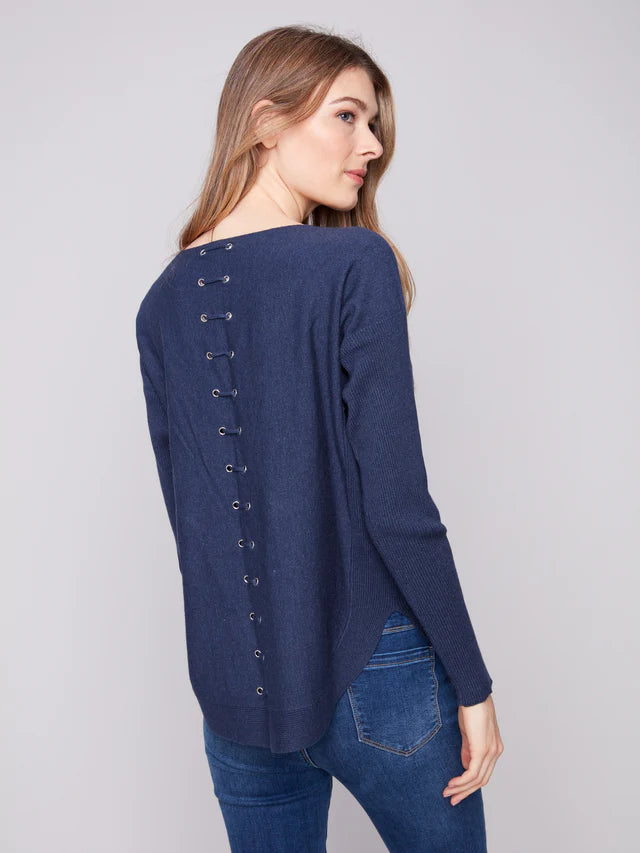 Charlie B -Knit Sweater With Back Lace-Up Detail - Heather Denim