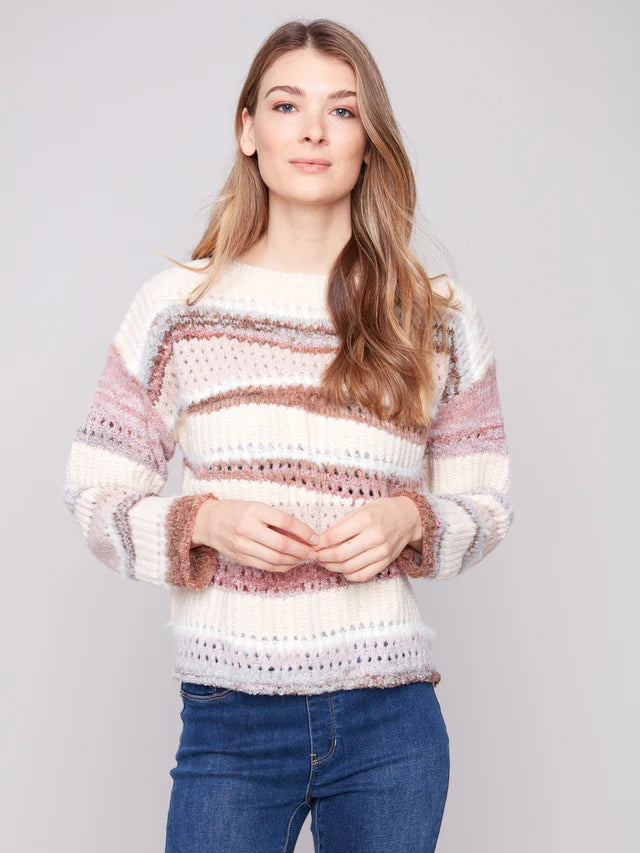 Charlie B -Patchwork Knit Drop Shoulder Sweater - Fig
