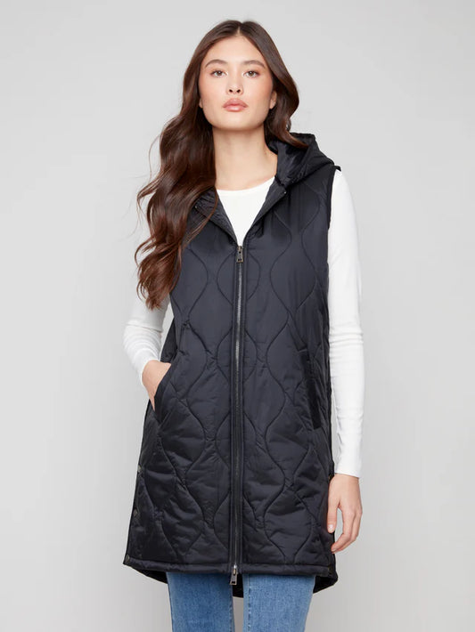 Charlie B - Pearlized Long Hooded Vest - Black