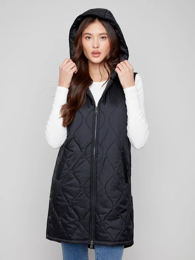 Charlie B - Pearlized Long Hooded Vest - Black
