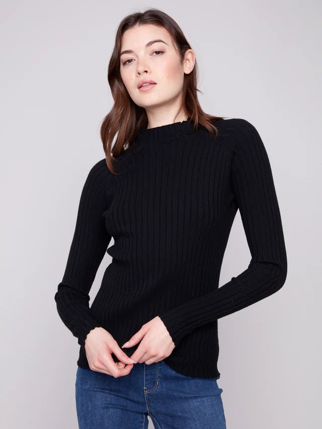 Charlie B - Ribbed Knit Mock Neck Sweater - Black