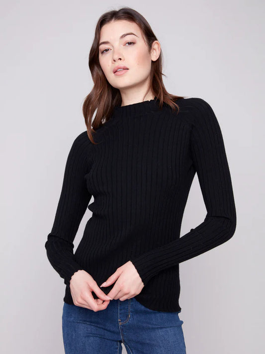 Charlie B - Ribbed Knit Mock Neck Sweater - Black