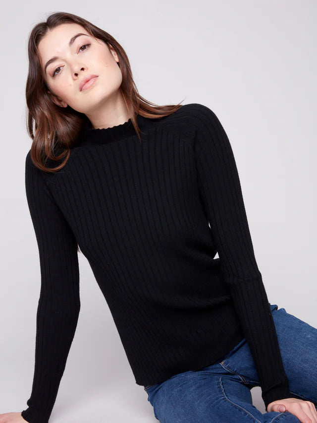 Charlie B - Ribbed Knit Mock Neck Sweater - Black