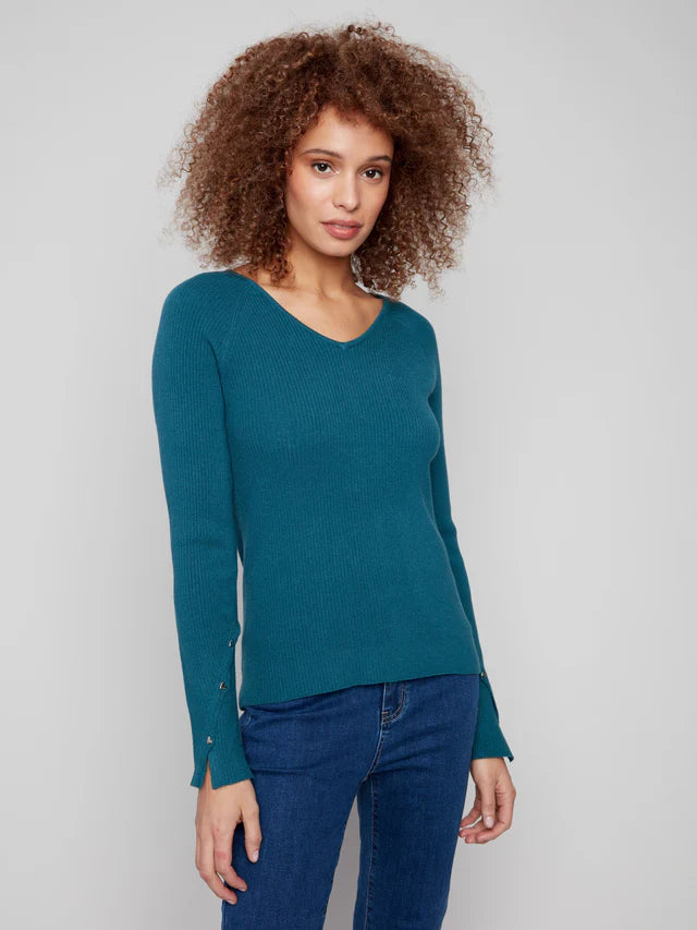 Charlie B - Ribbed V-Neck Sweater With Heart Rivets - Evergreen
