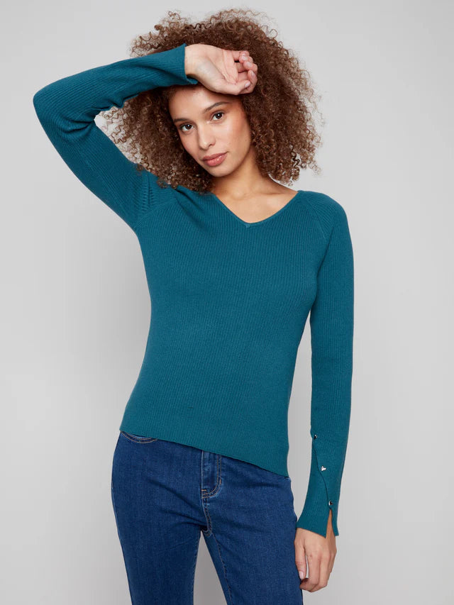 Charlie B - Ribbed V-Neck Sweater With Heart Rivets - Evergreen