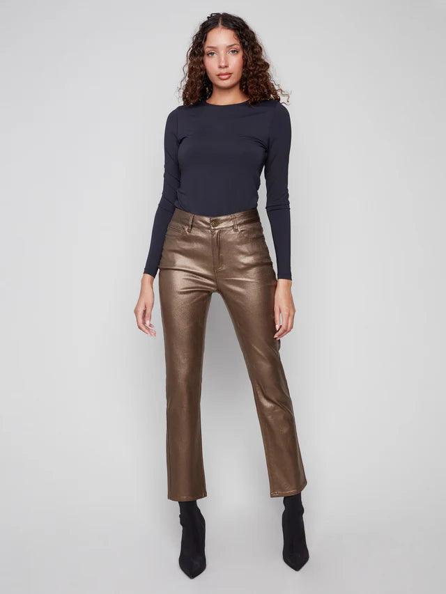 Charlie B - Slim Leg Metallic Wax Twill Pants - Copper