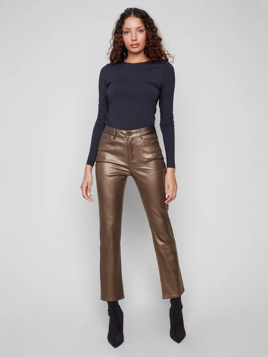 Charlie B - Slim Leg Metallic Wax Twill Pants - Copper
