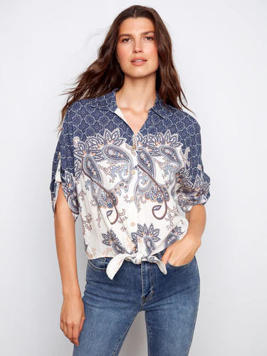 Printed Linen Blend Front-Tie Blouse